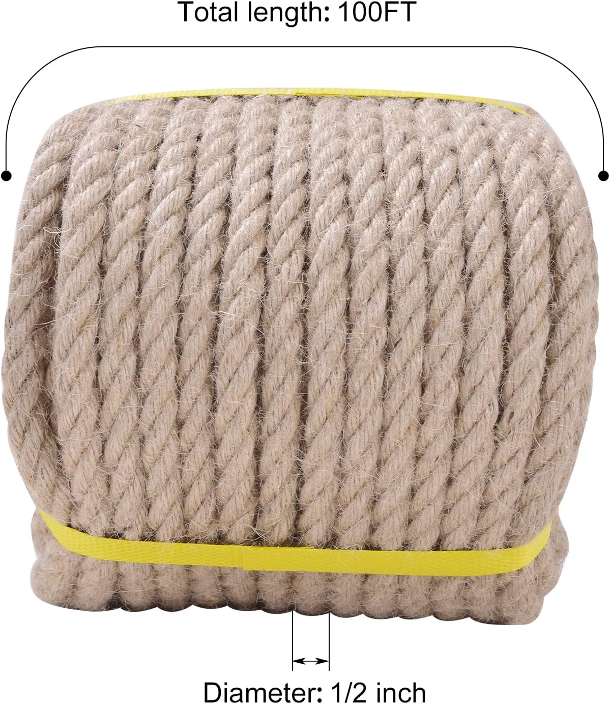 1/2 inch by 100 foot thick twisted manila jute rope, coiled and resting on a surface.