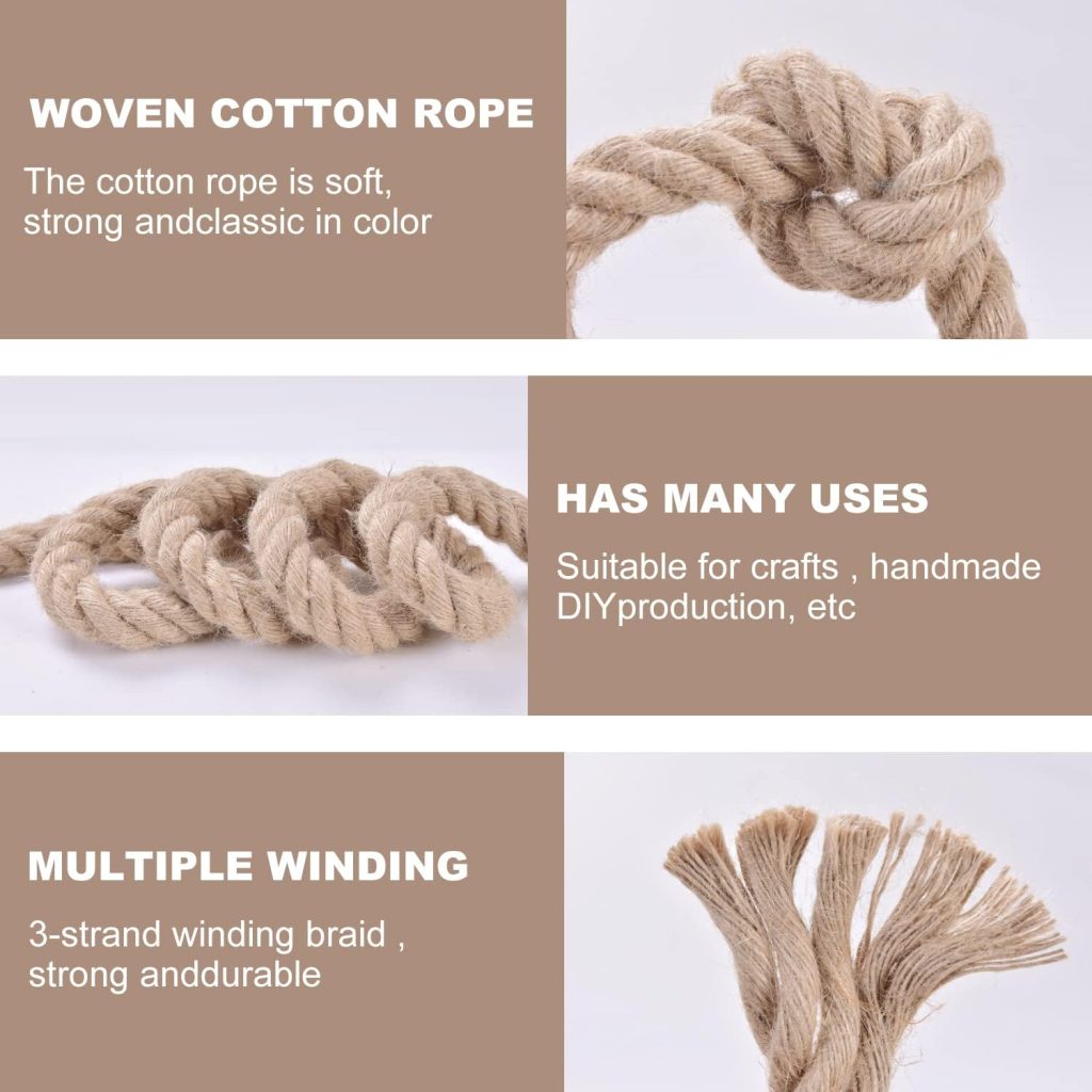 A close-up shot of a 100-foot-long, thick, twisted manila jute rope, which is 1/2-inch in diameter, neatly coiled into a circular shape. The natural fibers and rough texture of the rope are clearly visible.