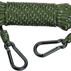 Hunters Specialties 30ft heavy-duty reflective treestand rope with carabiner clips for secure hunting setup.
