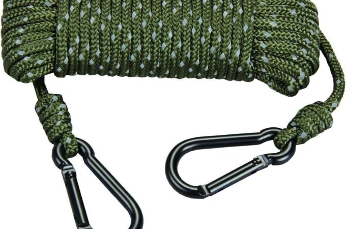 Hunters Specialties 30ft heavy-duty reflective treestand rope with carabiner clips for secure hunting setup.