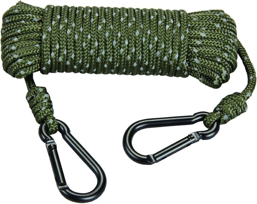 Hunters Specialties 30ft heavy-duty reflective treestand rope with carabiner clips for secure hunting setup.