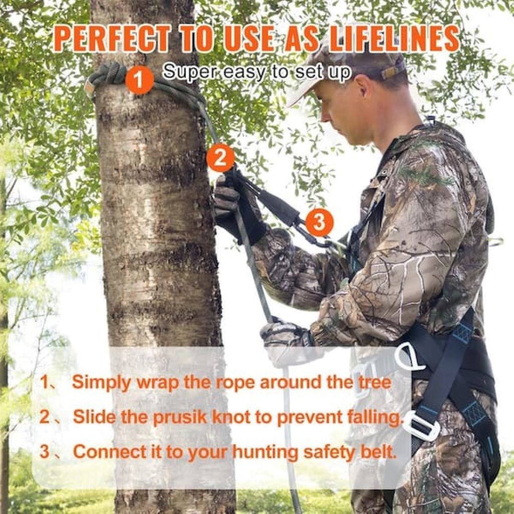 Treestand rope hanging with attached carabiners, showcasing heavy-duty construction and reflective design.