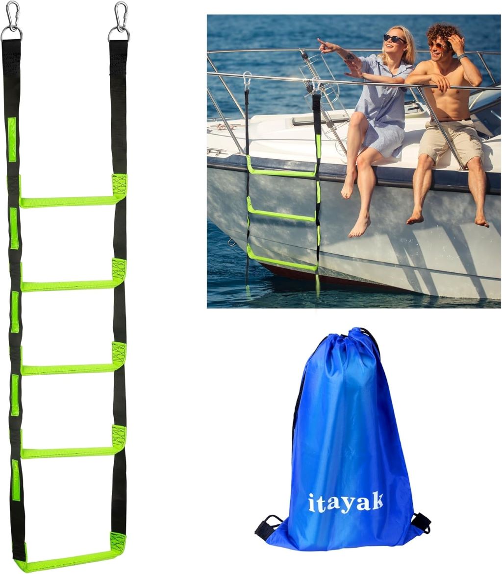 Itayak 5-step foldable boat rope ladder attached to a pontoon boat for easy boarding.