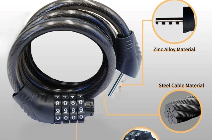 Jokmae 32-inch resettable 4-digit bike cable lock in black, coiled and ready for use, highlighting anti-theft design features.