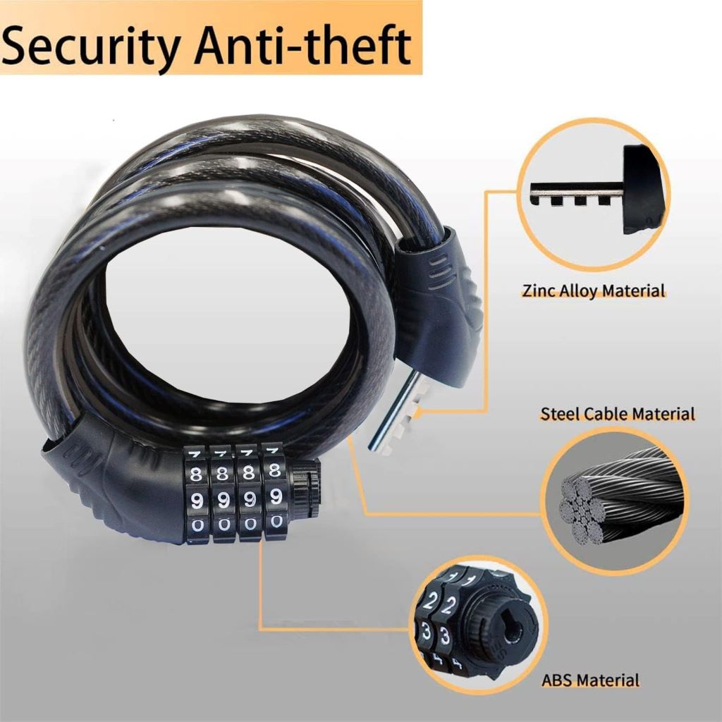 Jokmae 32-inch resettable 4-digit bike cable lock in black, coiled and ready for use, highlighting anti-theft design features.