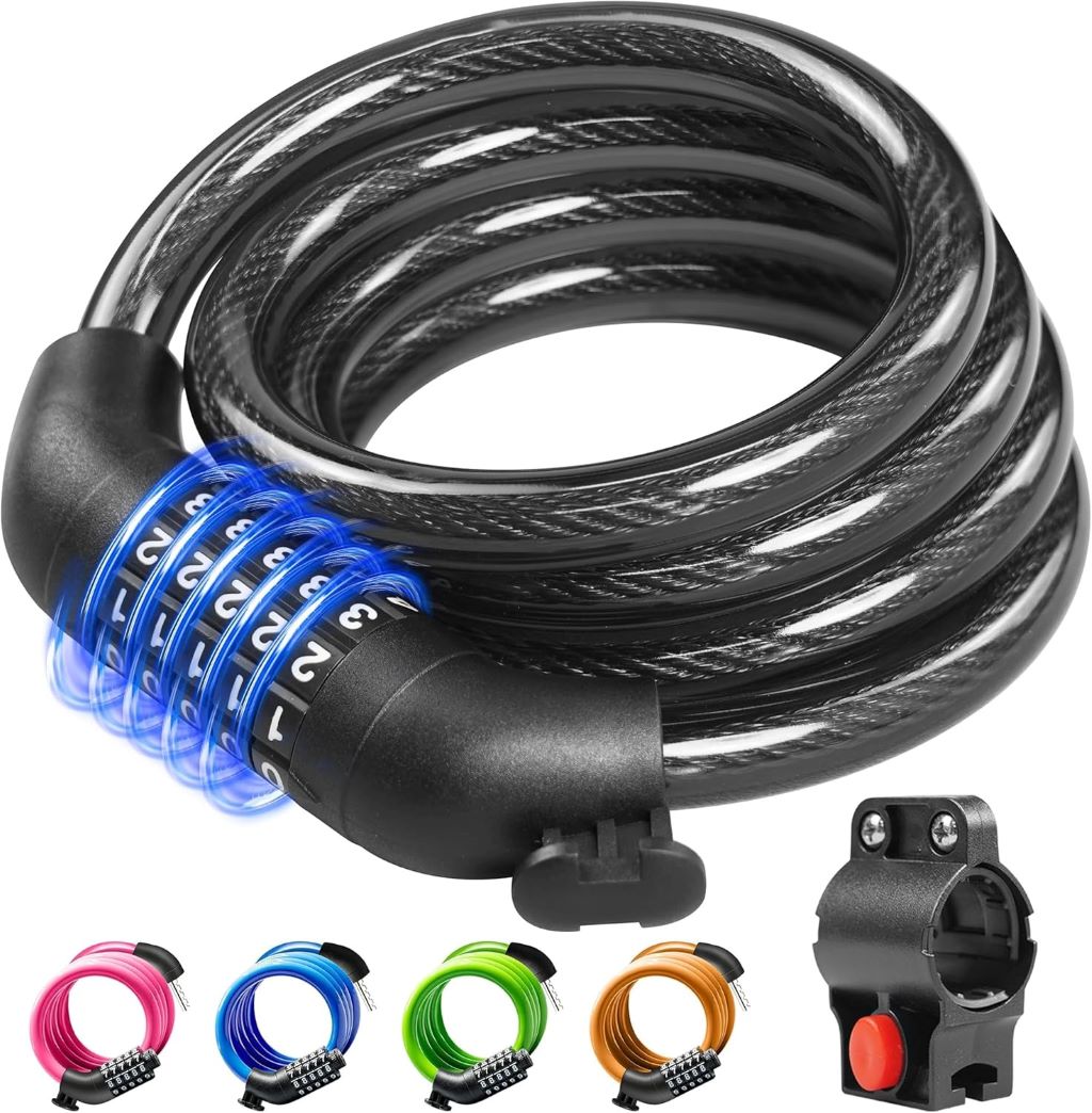 KEYSTP bike lock attached to bike seat post, featured in review exploring its value, security features, and ease of use.