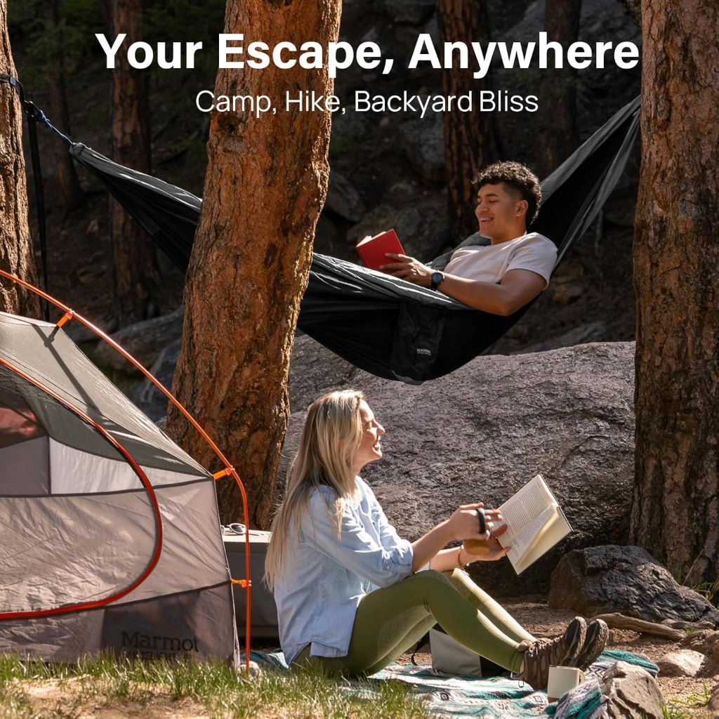Kootek camping hammock with 500 lb capacity – portable design includes tree straps and carry bag, reviewed for outdoor performance.