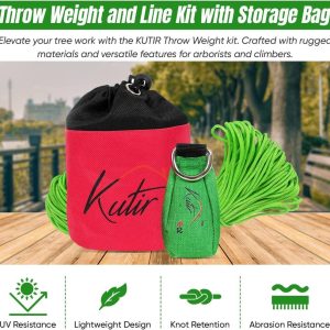 Kutir Arborist Throw Weight and Line Kit with storage bag, 150ft rope, and 11oz weight for tree climbing.
