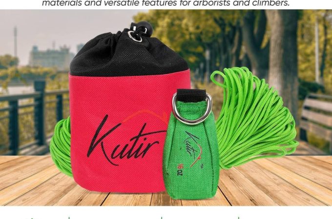 Kutir Arborist Throw Weight and Line Kit with storage bag, 150ft rope, and 11oz weight for tree climbing.