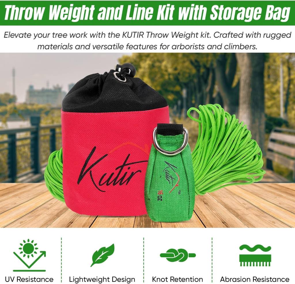 Kutir Arborist Throw Weight and Line Kit with storage bag, 150ft rope, and 11oz weight for tree climbing.