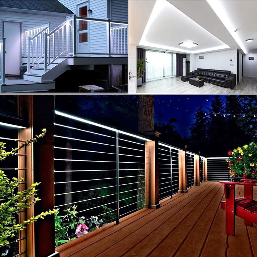 Jnaurb LED rope lights illuminating a backyard fence in vibrant hues, showcasing one of eight lighting modes.