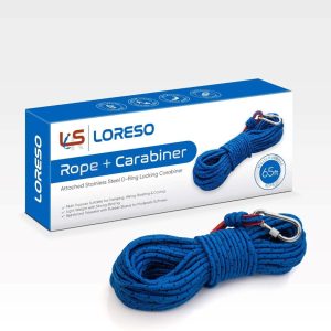 Loreso 1200 lb heavy duty outdoor rope with carabiner, ideal for camping, hiking, boating, and caving.