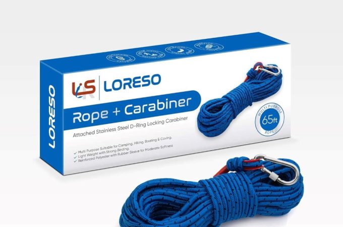 Loreso 1200 lb heavy duty outdoor rope with carabiner, ideal for camping, hiking, boating, and caving.