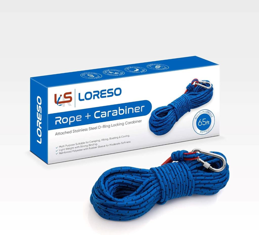 Loreso 1200 lb heavy duty outdoor rope with carabiner, ideal for camping, hiking, boating, and caving.