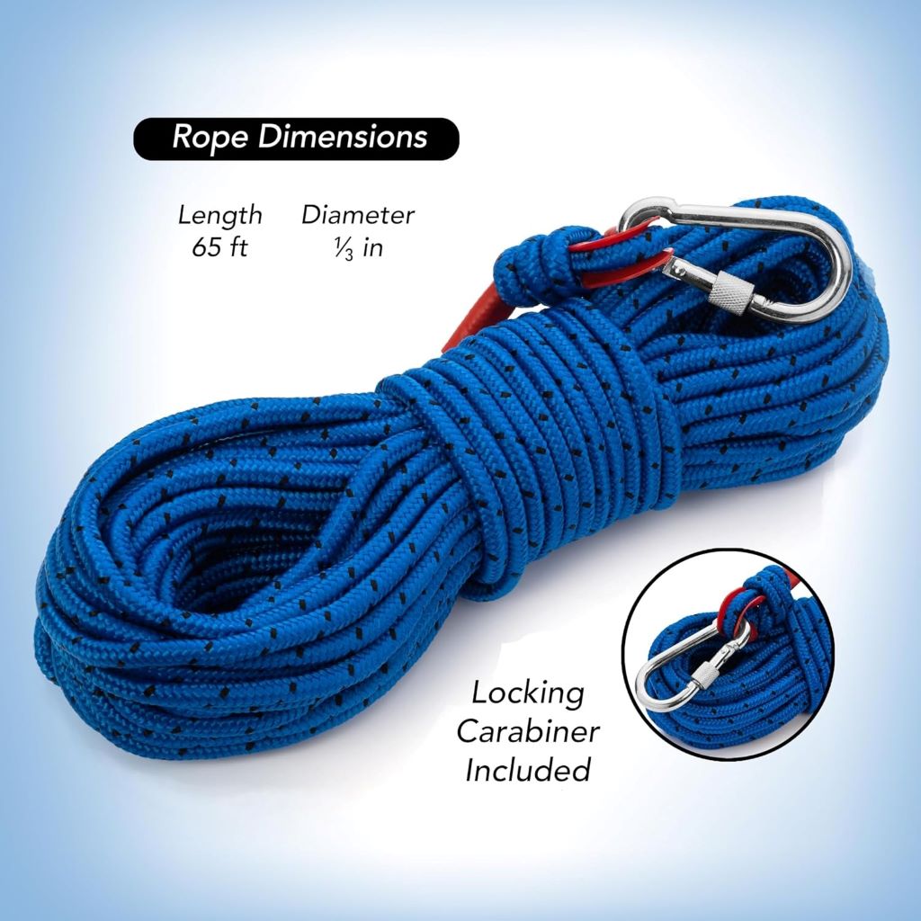 Close-up of Loreso reinforced polyester rope, 65ft length, designed for strong outdoor use and magnet fishing.