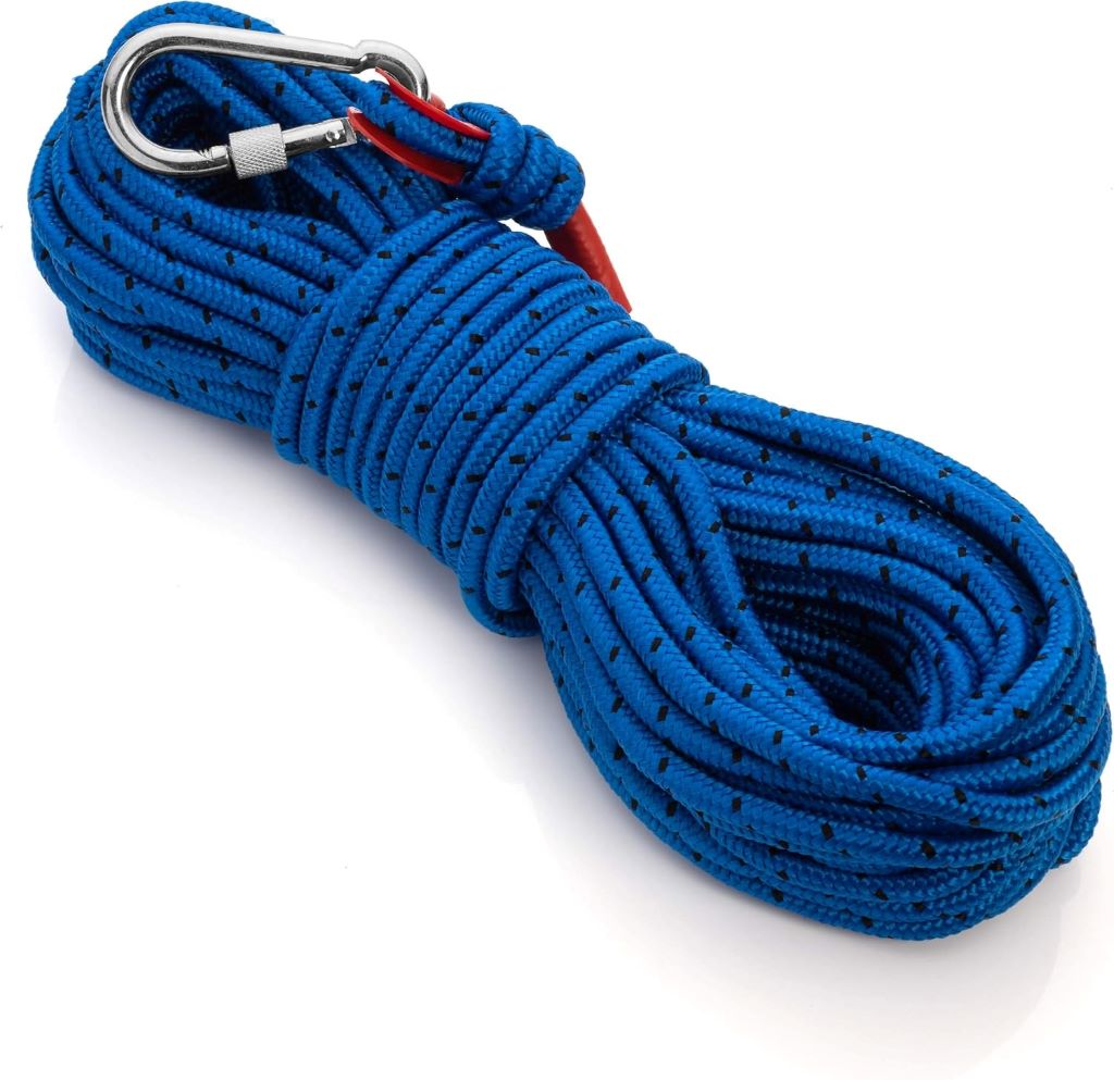 Loreso all-purpose heavy duty rope shown with sturdy carabiner, built for outdoor adventures and survival gear.