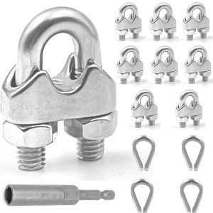 Lyrlidr 8-pack M5 wire rope clamps with U-bolt saddles and 4 metal thimbles for securing and protecting wire rope loops