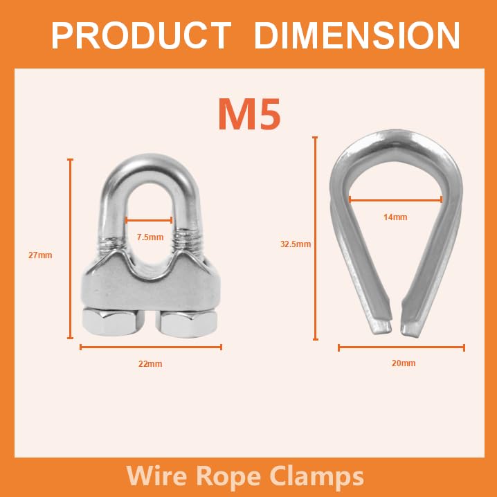 Lyrlidr 8-pack M5 wire rope clamps with U-bolt fasteners and 4 durable thimbles for cable securing and loop protection