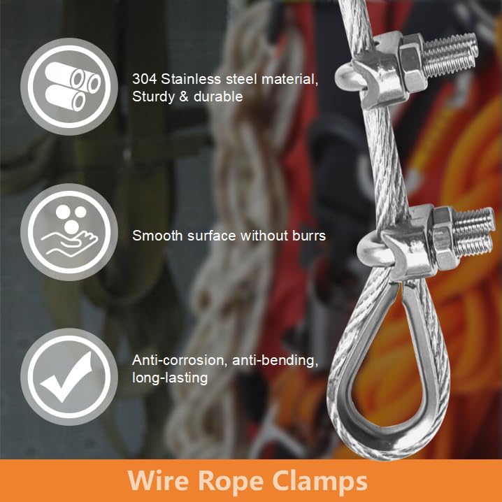 Lyrlidr 8-pack M5 wire rope clamps with U-bolt saddles and 4 stainless steel thimbles for fastening and protecting wire cable loops