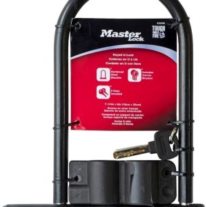 Master Lock black U-lock with keyed mechanism, shown securing a bike frame for anti-theft protection.