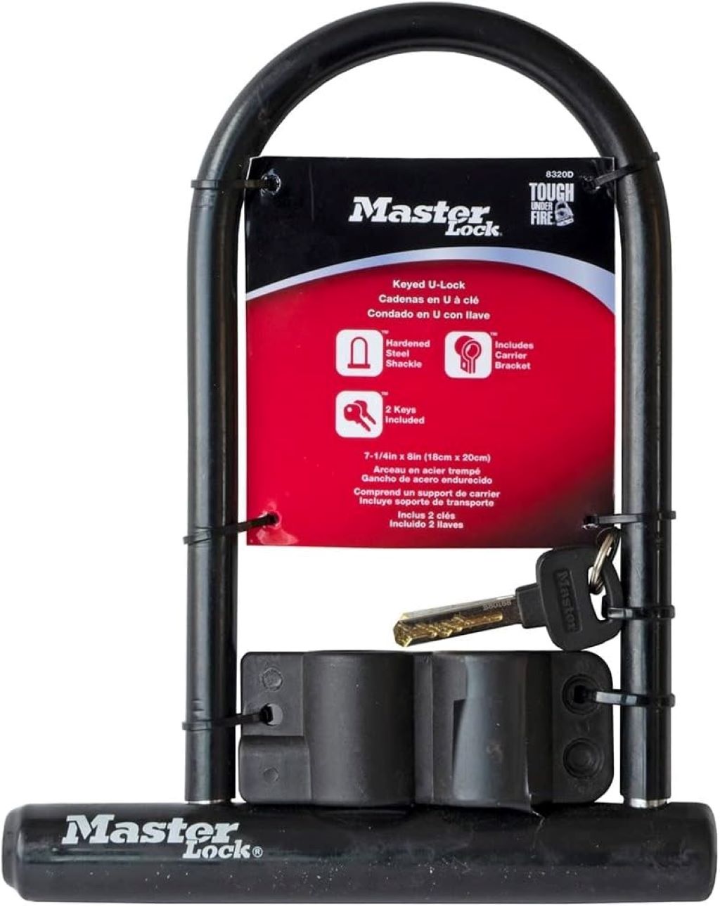 Master Lock black U-lock with keyed mechanism, shown securing a bike frame for anti-theft protection.