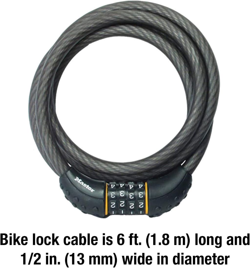 Close-up of Master Lock combination bike lock secured to bicycle frame, featured in expert review of top-rated anti-theft gear.