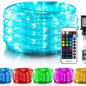 Minetom 33FT color-changing LED rope lights coiled neatly, with remote control shown beside for easy customization.