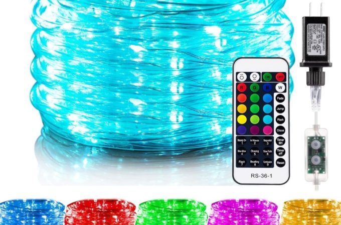 Minetom 33FT color-changing LED rope lights coiled neatly, with remote control shown beside for easy customization.