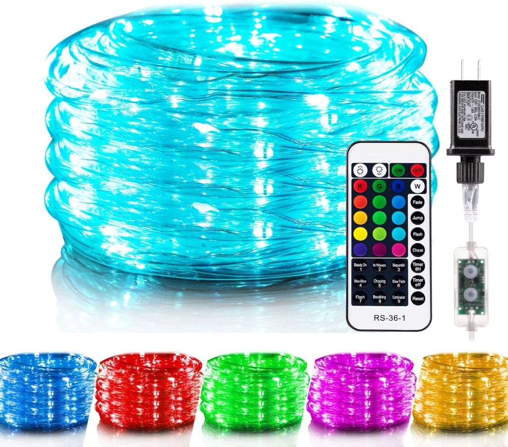 Minetom 33FT color-changing LED rope lights coiled neatly, with remote control shown beside for easy customization.