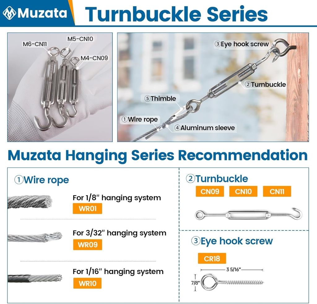 Close-up of Muzata stainless steel turnbuckles in use on wire railing system