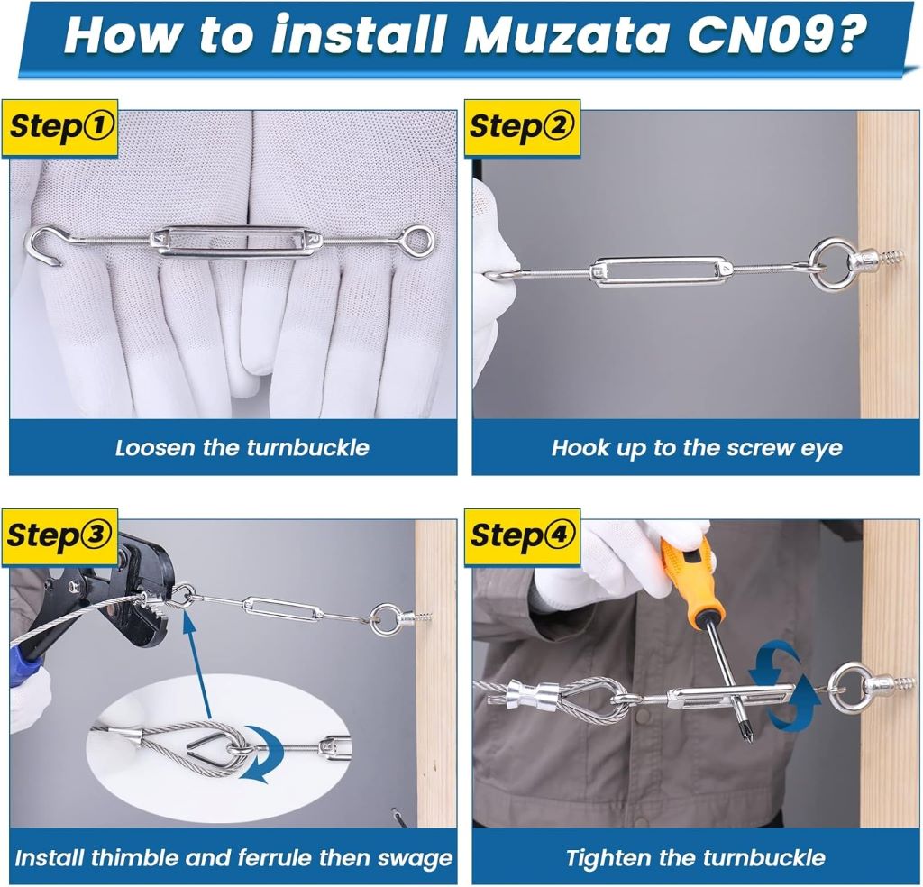 Muzata 10-pack M4 stainless steel turnbuckle kit displayed with wire rope tensioners, highlighting heavy-duty construction and corrosion-resistant finish.