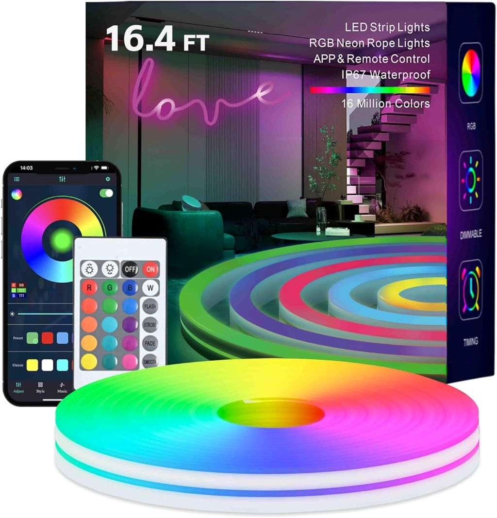 MFWW 16.4ft RGB neon rope lights coiled neatly, showing vibrant multicolor glow with app and remote beside for smart control.