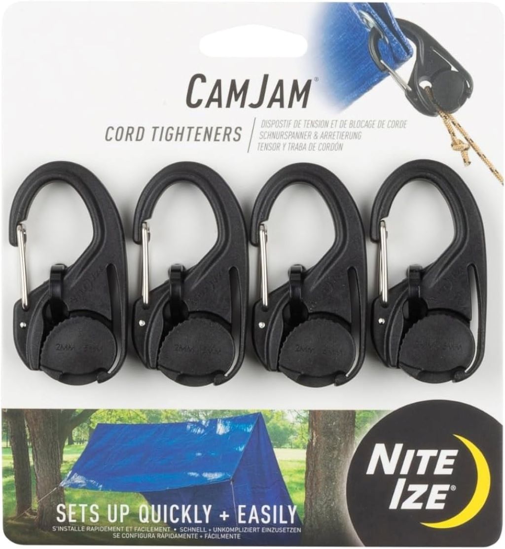 Stylish flat lay of Nite Ize CamJam Cord Tighteners clipped to hiking ropes—perfect for campers and outdoor adventurers.