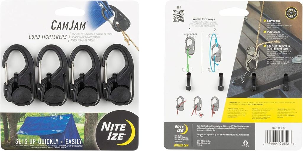 Close-up of Nite Ize CamJam Cord Tightener 4-pack with carabiner clips, shown securing rope on camping gear—ideal for hiking, tents, and outdoor use.