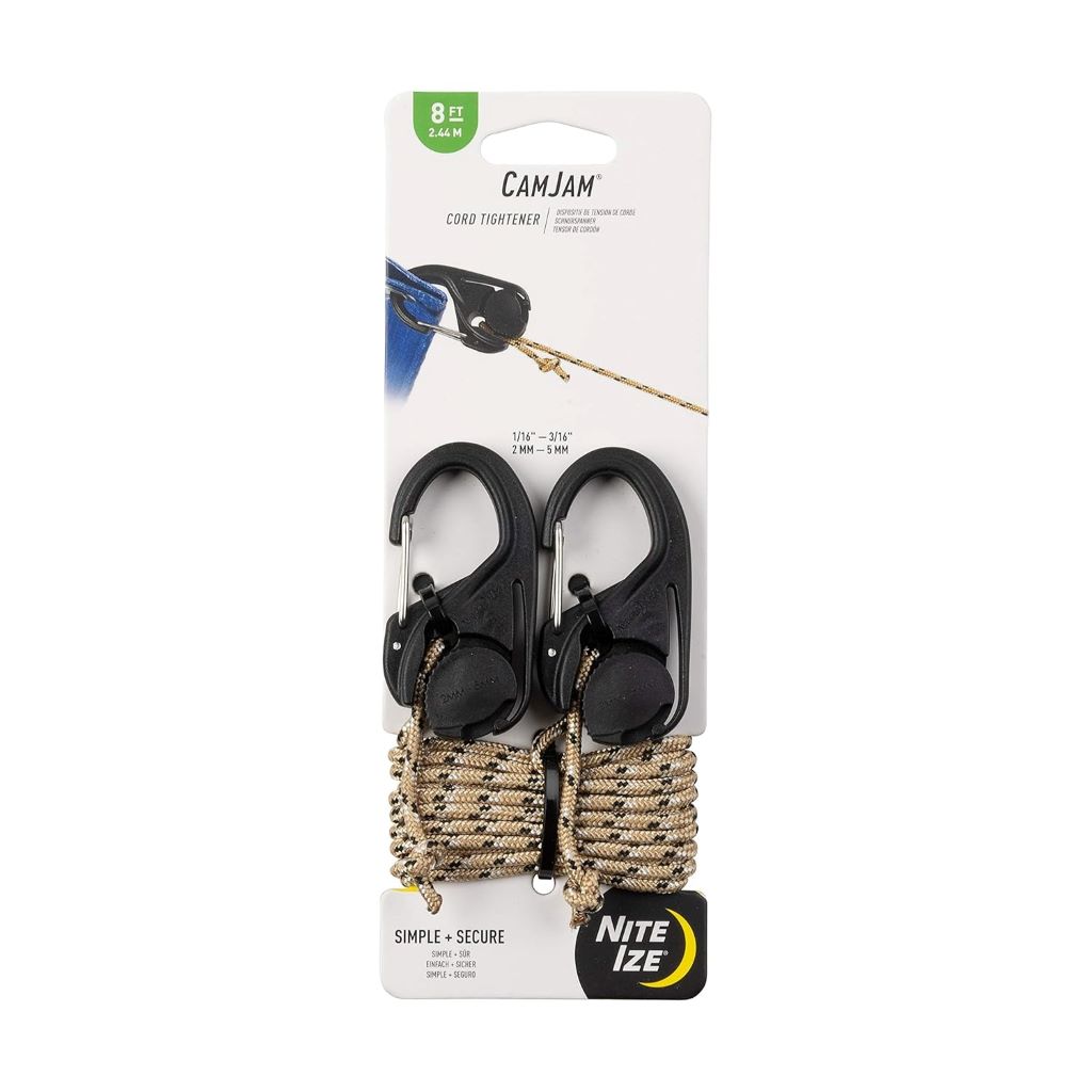 Two black Nite Ize CamJam Rope Tighteners with Carabiner Clips shown securing gear outdoors