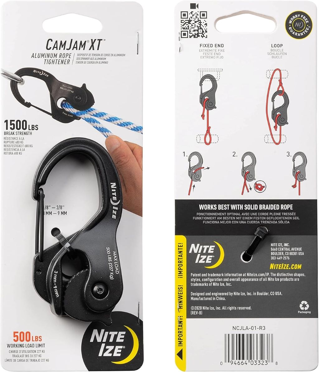 Reviewed Nite Ize CamJam XT Large Rope Tightener shown in use on a hiking backpack strap.