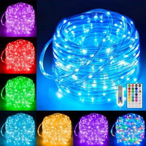 Festive room decor featuring Ollny 33ft color-changing LED rope lights wrapped around furniture and window frames.