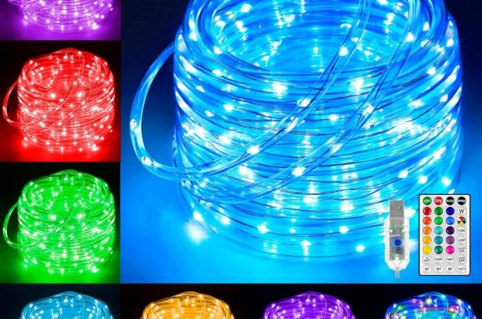 Festive room decor featuring Ollny 33ft color-changing LED rope lights wrapped around furniture and window frames.