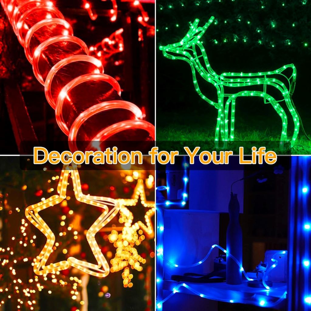 Coiled Ollny 33ft color-changing LED rope lights glowing in multicolor, ideal for indoor or outdoor decorative setups.