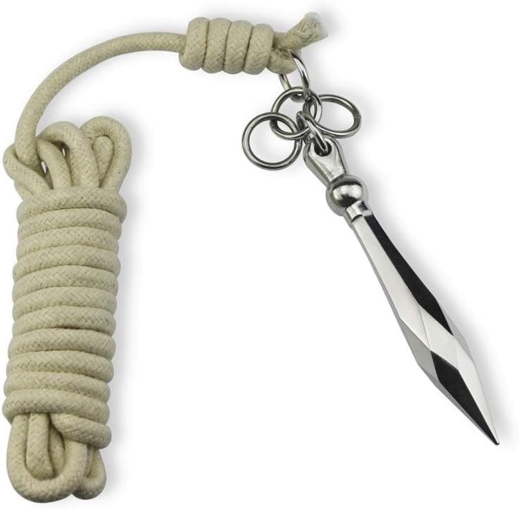 PHYSKOW rope dart meteor hammer with soft training ball shown coiled beside carrying pouch—ideal for safe kungfu practice.