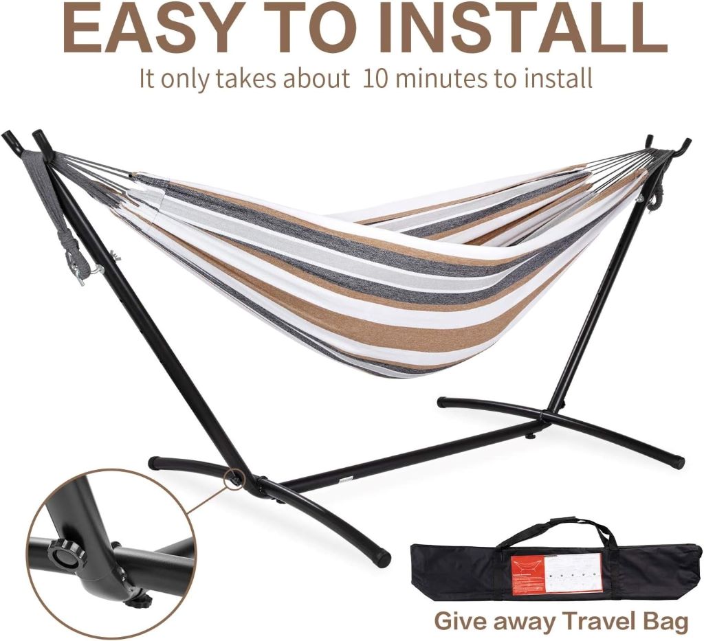 Spacious PNAEUT double hammock set with sturdy stand – featured in deep-dive review on outdoor relaxation and ease of setup.