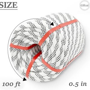 Glfcai 1/2 inch x 150ft white polyester braided bull rope coiled for arborist tree work.