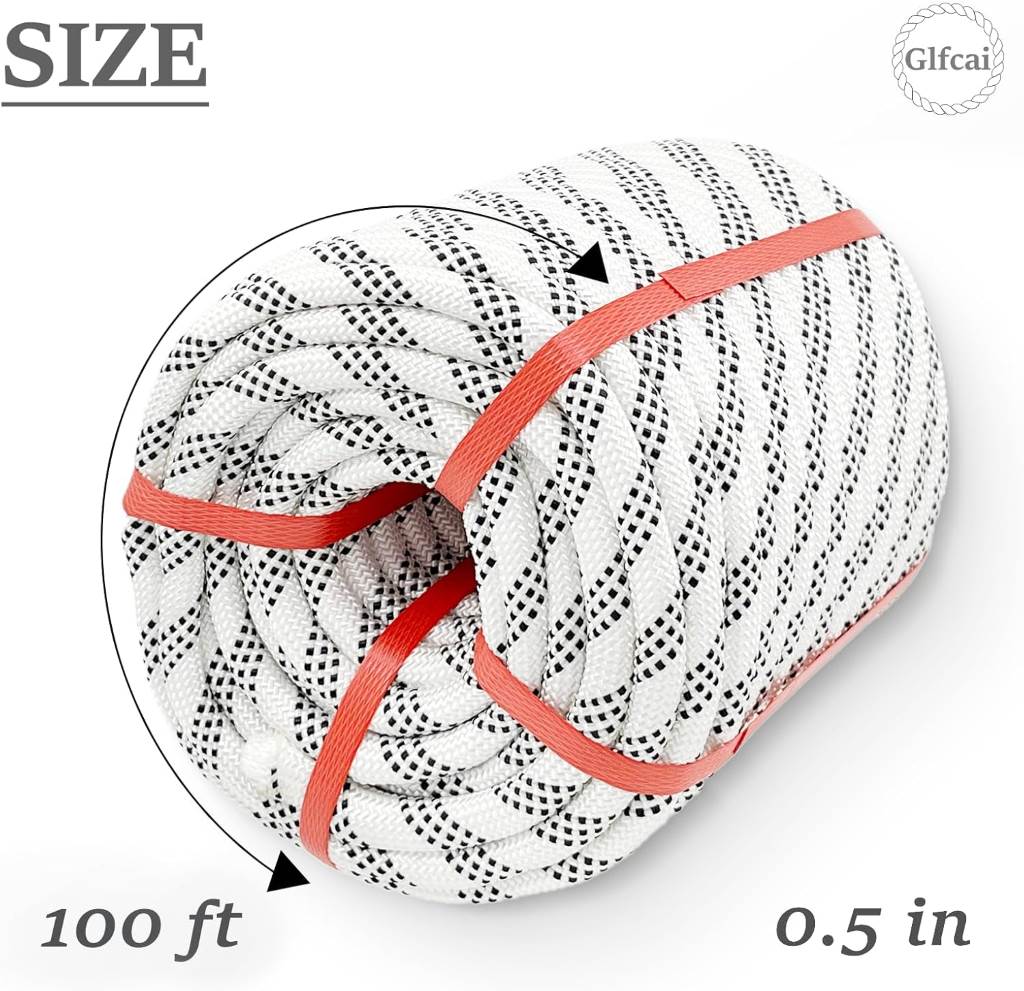 Glfcai 1/2 inch x 150ft white polyester braided bull rope coiled for arborist tree work.