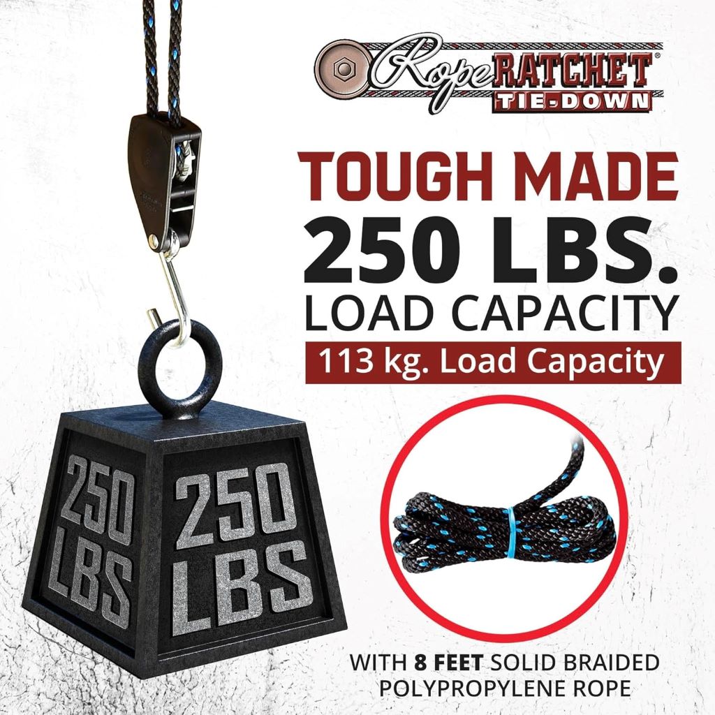 Heavy-duty Rope Ratchet pulley system in action, lifting outdoor gear with 8-foot rope and 250 lb weight limit.