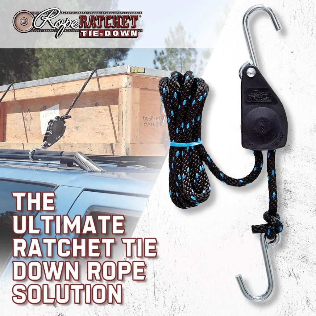 Heavy-duty Rope Ratchet pulley system in action, lifting outdoor gear with 8-foot rope and 250 lb weight limit.