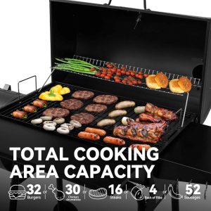 Side view of the Royal Gourmet 30″ charcoal grill with offset smoker, showing spacious grilling surface and sturdy steel frame.