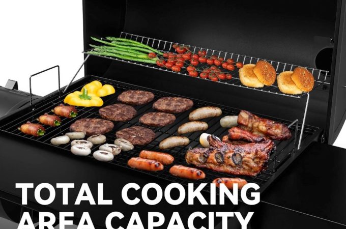 Side view of the Royal Gourmet 30″ charcoal grill with offset smoker, showing spacious grilling surface and sturdy steel frame.