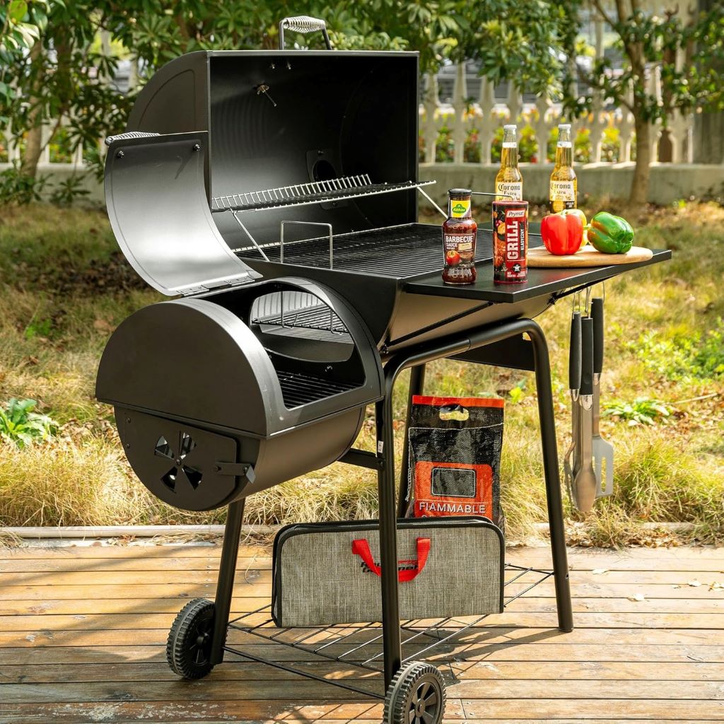 Close-up of sizzling meat on the Royal Gourmet charcoal grill with offset smoker, highlighting smoky flavor and grill marks.
