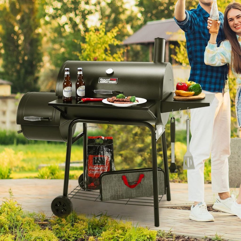 Royal Gourmet 30″ charcoal grill and offset smoker in backyard setting, ready for a weekend BBQ cookout.