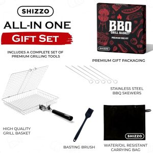 SHIZZO stainless steel grill basket set with handle and accessories, ideal for BBQ, grilling veggies, and outdoor cooking.